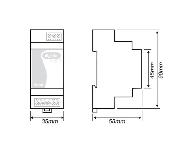 Digidim 455, 500W dimmer, fasesnitt Skinnemontering. 