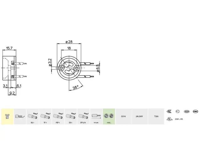 226/TF-  lampeh. GU10, dobbelisolert Ledning lengde 140mm. 